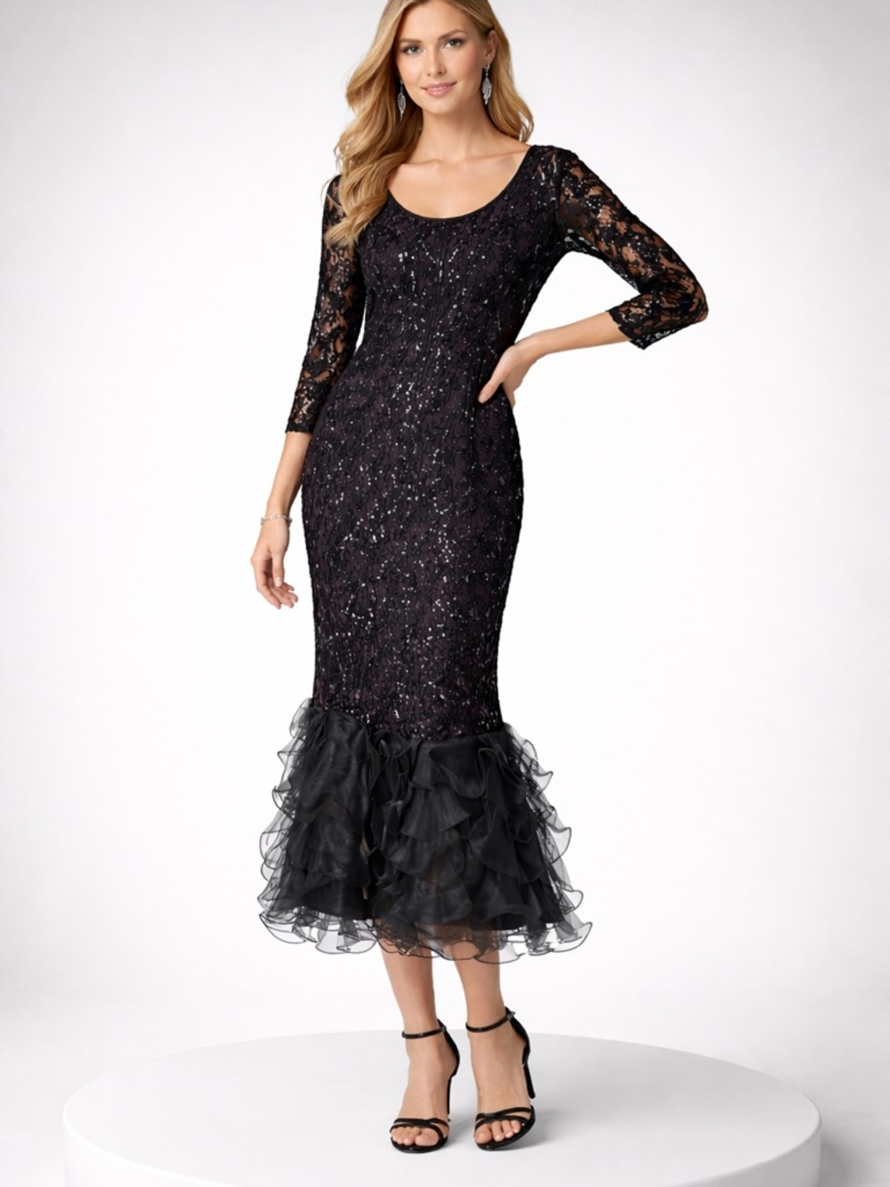 Vintage Black Lace Midi Dress with Ruffled Organza Hem by Pat Richards